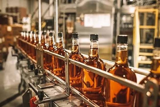 Whisky bottles on a bottling line
